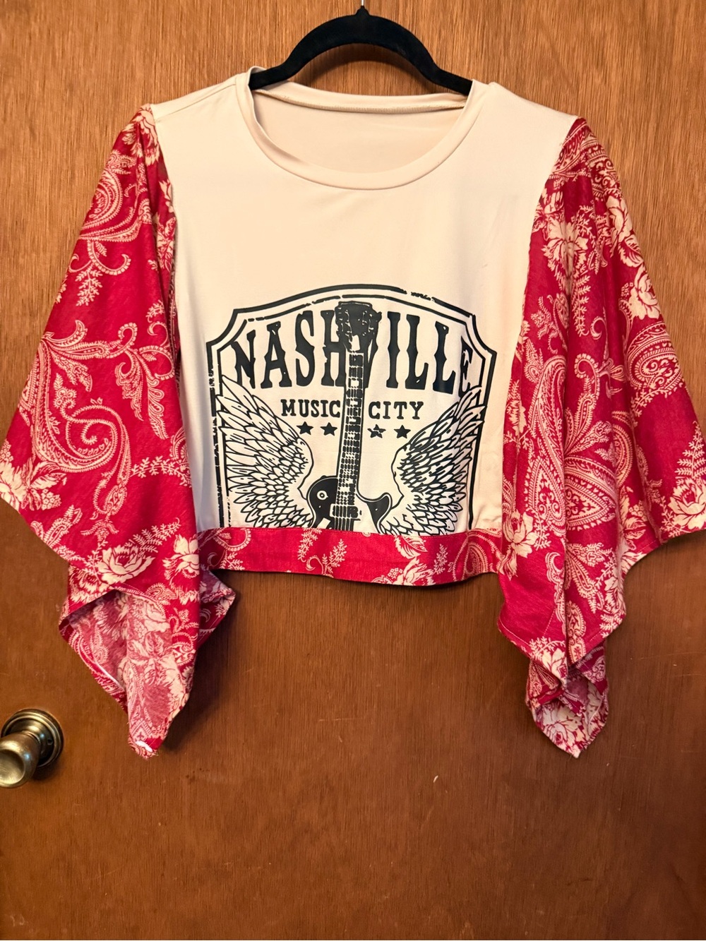 Nashville Graphic Crop Top with Red Paisley Bell Sleeves